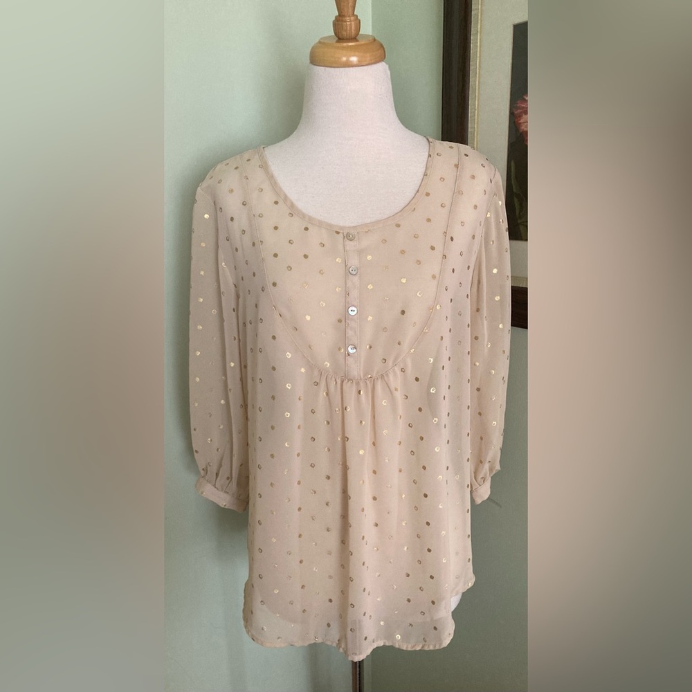 Romeo & Juliet Couture gold Metallic Polka dot Sheer Top size L
